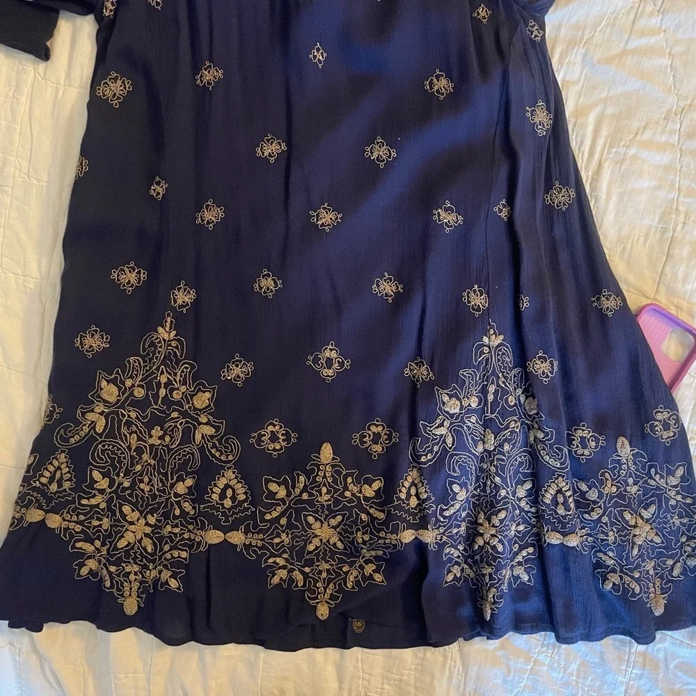 Free People Embroidered Oversize Navy Bell Sleeve Mini Dress Size XS Pockets